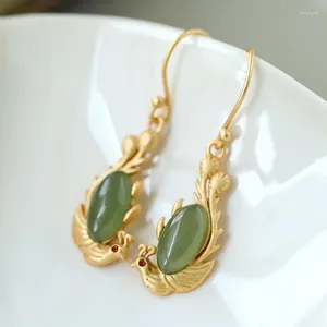 Pendientes colgantes inspirados al estilo chino Antiguo artesanía de oro natural Hetian Jasper Earings para mujeres Joyas de boda Classic Phoenix Eardrop