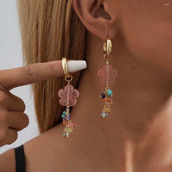 Boucles d'oreilles pendantes en pierre naturelle irrégulière, fleur colorée pour femmes, pompon Funky, bijoux à la mode, vente en gros, 2023