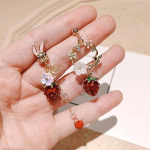 Boucles d'oreilles pendantes japon corée asymétrique coeur fraise gland femmes abeille fleur bijoux fille fête cadeau