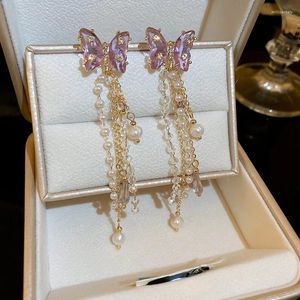 Boucles d'oreilles pendantes japonaises et coréennes en cristal rose pour femmes, Bijoux à la mode, imitation de perles, pompon, Bijoux de fête
