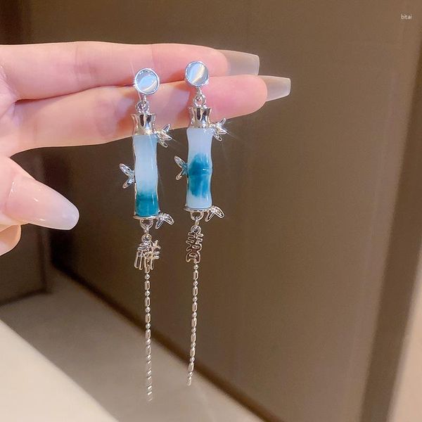 Pendientes colgantes estilo japonés y coreano gema bambú texto borla étnico retro elegante moda damas