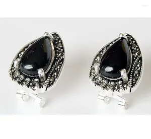 Boucles d'oreilles pendantes bijoux 2 choix VINTAGE 925 argent STERLING pierre naturelle noire et opale blanche marcassite 15X19MM