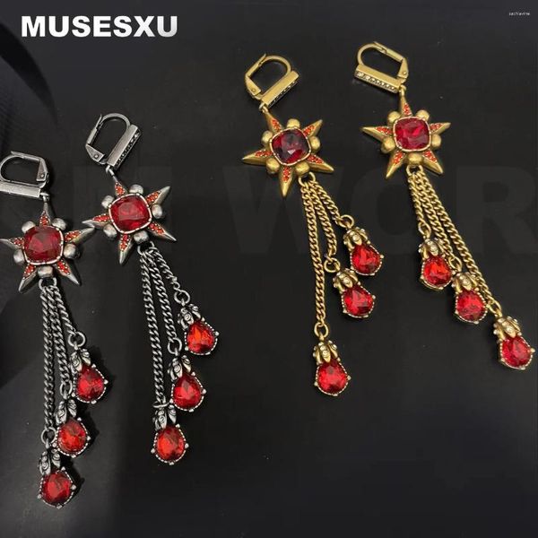 Boucles d'oreilles pendantes, accessoires de bijoux, marque rétro de luxe, pendentif pompon rubis incrusté d'étoile en Zircon rouge, cadeau de fête pour femmes