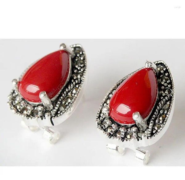 Boucles d'Oreilles Pendantes Bijoux VINTAGE ARGENT STERLING 925 MARCASITE CORAIL ROUGE 15X19MM