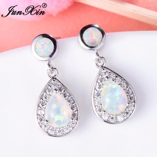 Boucles d'oreilles pendantes JUNXIN marque longue opale blanche goutte d'eau boucle d'oreille couleur argent bijoux Vintage mariage pour les femmes