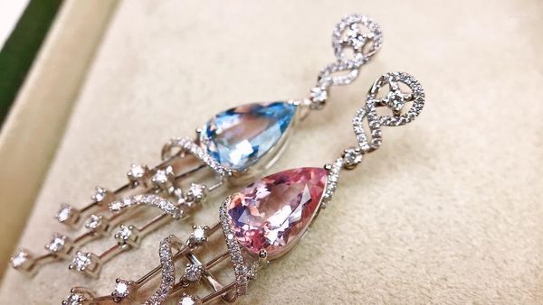 Boucles d'oreilles pendantes JY en or massif 18 carats, aigue-marine naturelle et morganite 4,320 ct, goutte de diamants pour femmes, bijoux fins, cadeaux d'anniversaire