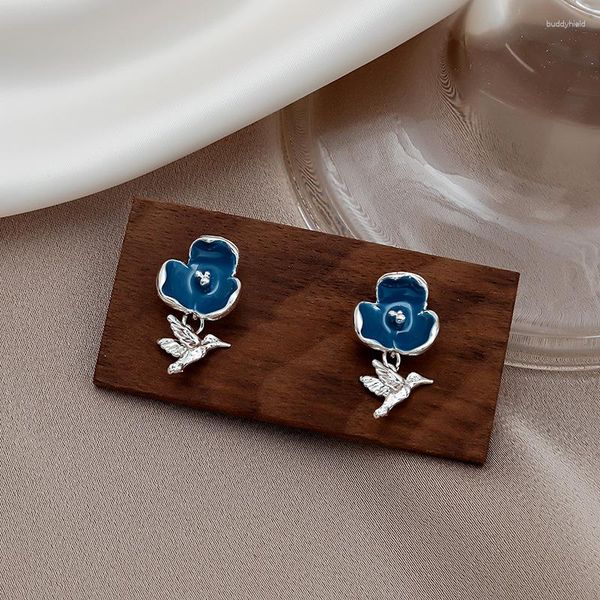 Boucles d'oreilles pendantes KAIDUODUO mignon joli petit oiseau fleur goutte boucle d'oreille pour les femmes bleu émail métallique déclaration bijoux Pendientes