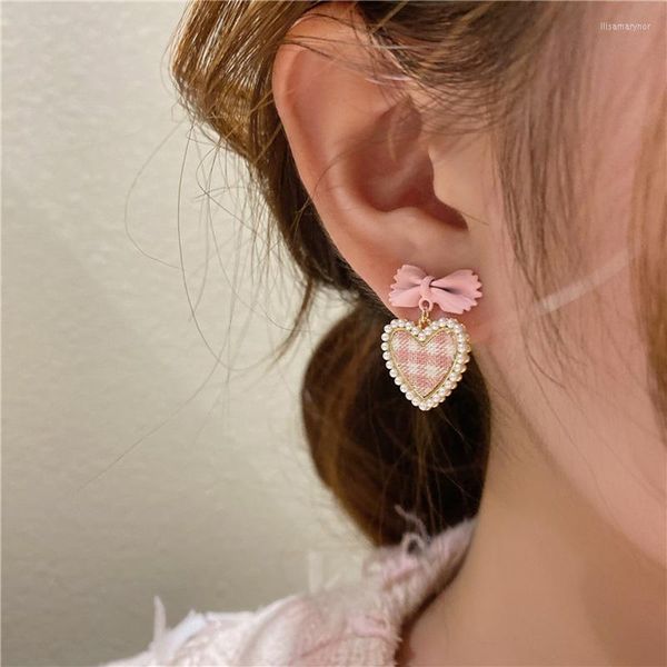 Pendientes colgantes Kawaii lindo corazón gota para mujeres niñas flor rosa pajarita 2023 moda coreana tendencia joyería regalo