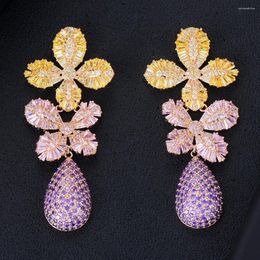 Boucles d'oreilles pendantes Kellybola Dubai Afrique magnifique pendentif fleur en zircon cubique pour femmes anniversaire de mariage bijoux de haute qualité
