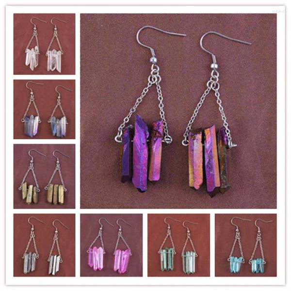 Pendientes colgantes kft al por mayor de titanio natural de titanio recubierto de cuarzo colorido arete de piedra de gota de forma irregular para mujeres joyas