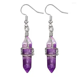 Boucles d'oreilles pendantes KFT fil enveloppé cristal de guérison naturel Quartz améthystes Chakra hexagone crochet oeil de tigre pierre boucle d'oreille pour femmes bijoux