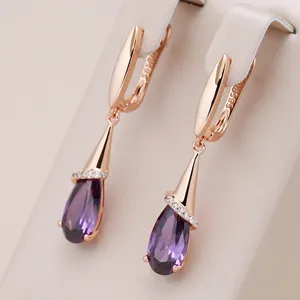 Boucles d'oreilles Kinel mode 585 or Rose longue pour les femmes goutte d'eau violet naturel Zircon boucle d'oreille bijoux fins cristal cadeau