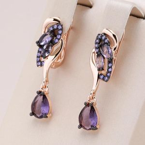 Boucles d'oreilles Kinel violet naturel Zircon longue goutte pour femmes Unique 585 plaqué or Rose et noir bijoux de mariage Vintage