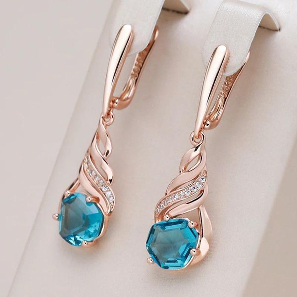 Boucles d'oreilles en peluche Kinel Boute bleue brillante Drop pour femmes Design Unique Natural Zircon 585 Rose Gold Color Vintage Wedding Bijoux