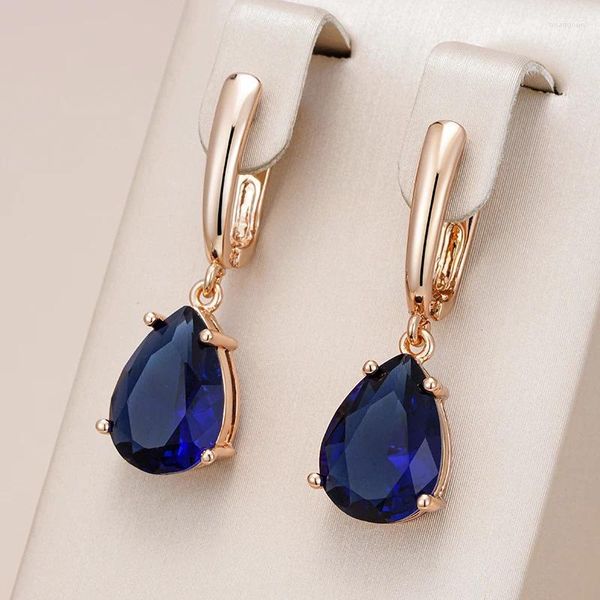 Pendientes colgantes Kinel gota de agua azul oscuro largos para mujer 585 Color oro rosa circonita Natural joyería diaria de boda