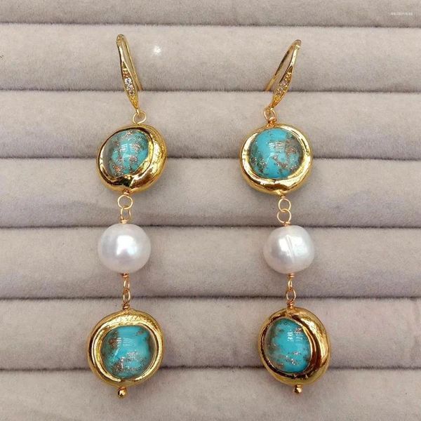 Boucles d'oreilles pendantes KKGEM 10mm perle blanche de culture 16mm crochet en verre de Murano bleu fait à la main pour les femmes fête