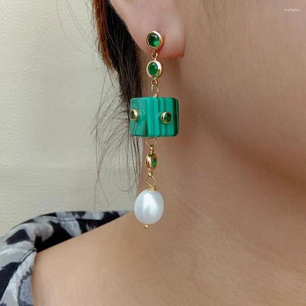 Boucles d'oreilles pendantes KKGEM 12mm naturel vert Malachite Cube riz blanc perle d'eau douce