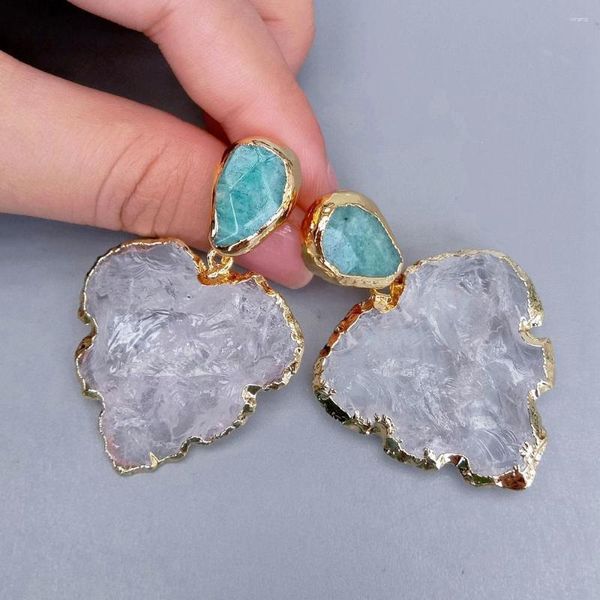 Boucles d'Oreilles Pendantes KKGEM 13x18mm Or Garniture Amazonite 34x35mm Quartz Blanc Naturel Brut Brut Feuille Forme Goujon