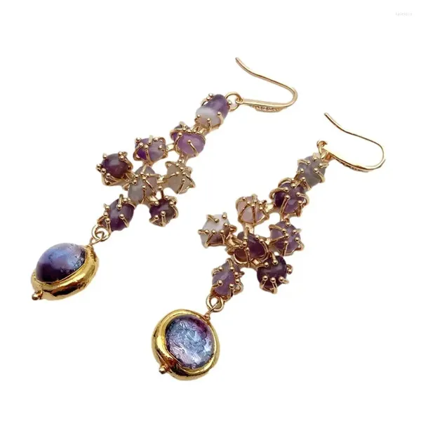 Boucles d'oreilles pendantes KKGEM 16 mm en verre de Murano violet améthyste naturelle plaqué or avec crochet pavé pour femme