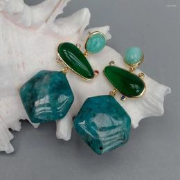 Boucles d'oreilles pendantes KKGEM Apatite bleue Amazonite verte 28x30mm forme hexagonale Agate pierre précieuse à tige