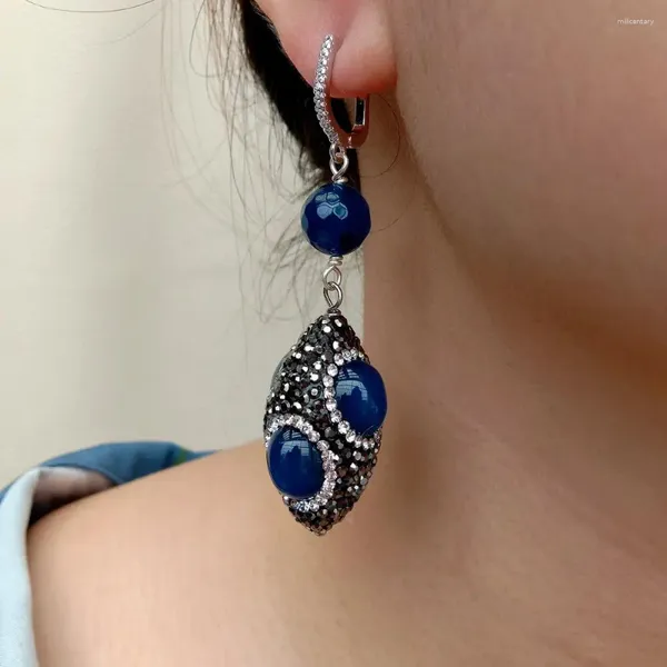 Boucles d'oreilles en peluche kkgem zircone cubique pave forme de riz or forme bleu agate garni de levier de strass noir arrière
