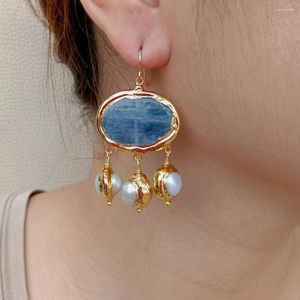 Boucles d'oreilles pendantes KKGEM naturel 22x28mm ovale bleu Kyanite blanc rond perle d'eau douce or rempli crochet géométrique luxe