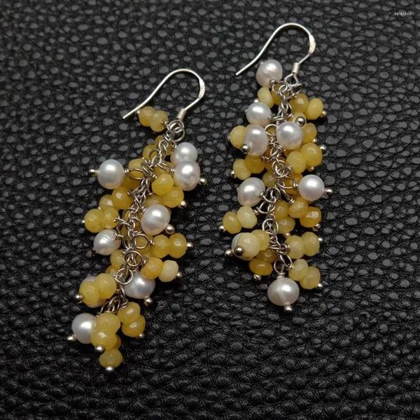 Boucles d'oreilles pendantes KKGEM naturel 4-5MM perle blanche d'eau douce 4MM rondelle à facettes jaune Jade 925 crochet en argent