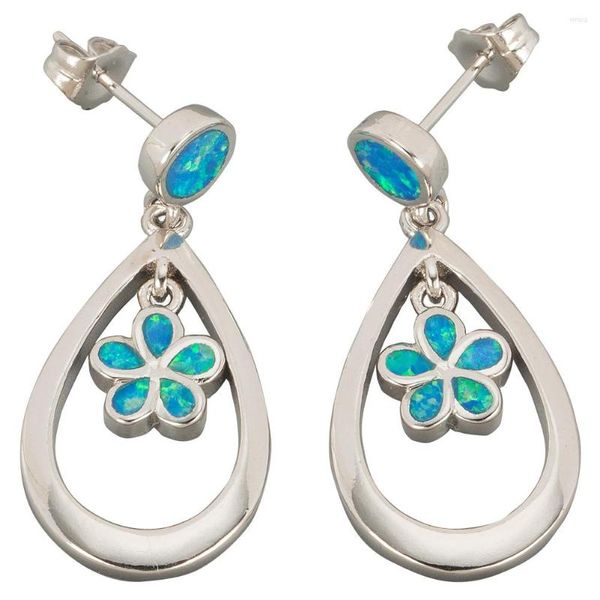 Pendientes colgantes KONGMOON Plumeria lágrima océano azul ópalo de fuego joyería plateada para mujer Piercing gota