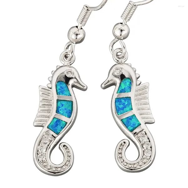 Pendientes colgantes KONGMOON Seahorse Ocean Blue Fire Opal joyería chapada en plata para mujer gota