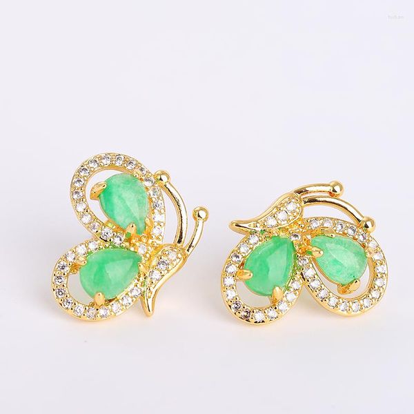 Boucles d'oreilles pendantes Koraba 14k or jaune véritable créé vert jade pierre précieuse papillon goujon pour les femmes