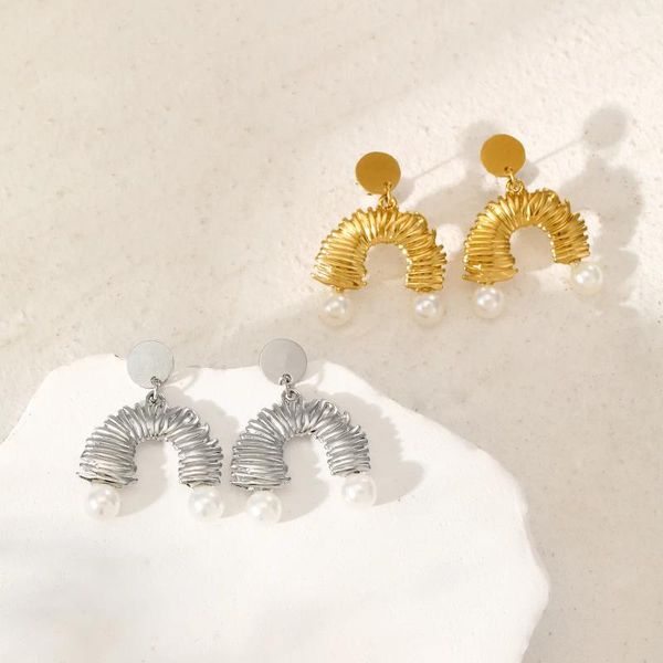Boucles d'oreilles pendantes coréennes en acier inoxydable, couleur or argent, géométrique, arqué, ligne de filetage, goutte pour femmes, bijoux de voyage, cadeaux