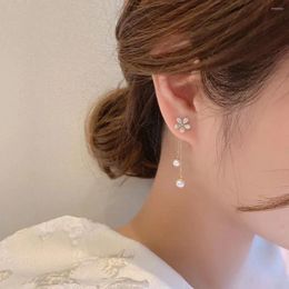 Boucles d'oreilles coréennes en Zircon pour femmes, clous à fleurs, tempérament à la mode, longs pampilles en perles, bijoux cadeaux de mariage