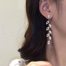 Boucles d'oreilles pendantes coréennes 2023 mode Vintage brillant Arc barre longue fil gland goutte pour les femmes couleur argent perle bijoux suspendus
