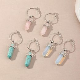 Boucles d'oreilles pendantes en pierre naturelle coréenne 2023, bijoux en cristal brut pour femmes, rétro Turquoise, pendentif pilier Hexagonal