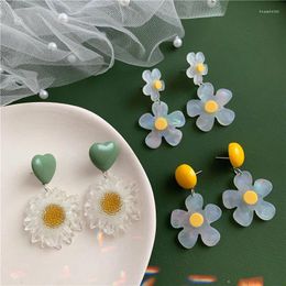 Boucles d'oreilles coréennes en marguerite blanche claire, fleur en acrylique, goutte d'eau, joli cœur, tournesol, grande et longue mode, bijoux pour femmes