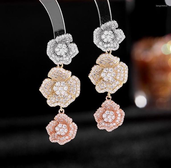 Pendientes colgantes coreano elegante moda circón flor larga para mujeres gradiente púrpura rosa pétalo vestido de novia joyería