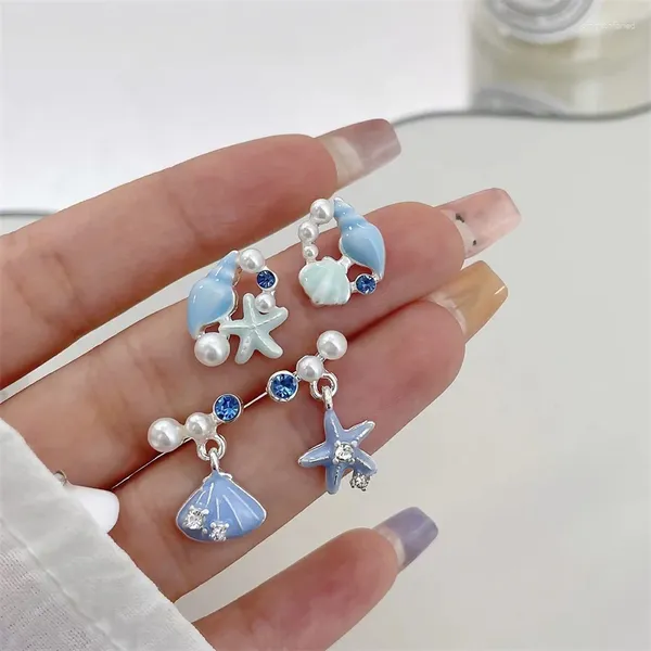 Pendientes colgantes coreano exquisito stand de estrella de conchas azules para mujeres de moda caballito de mar de la estrella margen