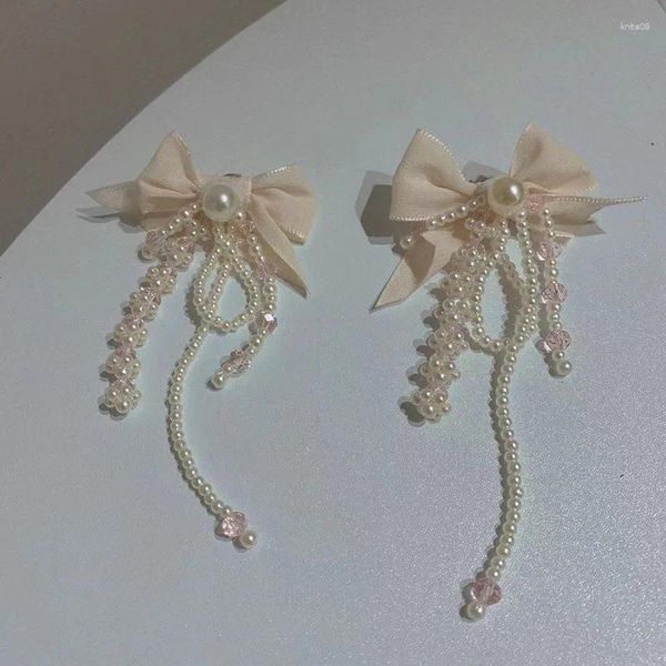 Pendientes colgantes de tela coreana para mujer, aretes Retro de borla con lazo de cristal y perlas dulces, regalos de joyería