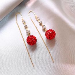 Boucles d'oreilles pendantes bijoux de mode coréenne plaqué or 14 carats pendentif boule de cristal rouge longue ligne d'oreille accessoires de travail quotidiens pour femmes élégantes