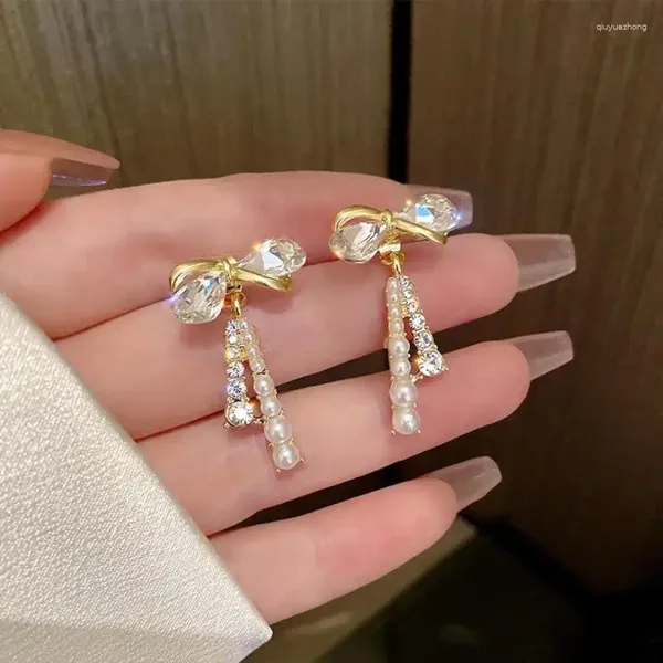 Pendientes colgantes joyería de moda coreana dulce borlas de lazo de diamantes de imitación perlas simuladas para mujeres Pendientes al por mayor