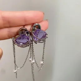 Boucles d'oreilles enveloppe coréen Fashion Purple Crystal Love Heart Tassel Harajuku Sweet Rhinestone Pearl Earl For Women Egirl Y2K Jewelry 90S