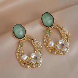 Boucles d'oreilles pendantes mode coréenne S925 aiguille en argent Vintage perle strass fleurs pour femmes exquise lumière luxe boucle d'oreille polyvalente