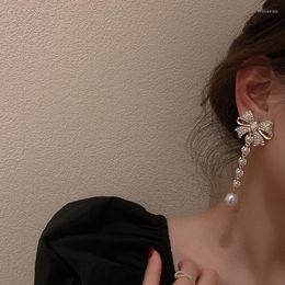 Boucles d'oreilles pendantes mode coréenne strass scintillant nœud papillon pour femmes filles couleur or métal simulé perle longue goutte Brincos