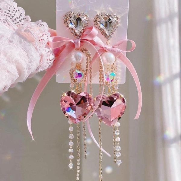 Boucles d'oreilles pendantes de luxe coréen, fil élégant, nœud papillon, cœur, cristal, Long pampille, goutte pour femmes et filles, bijoux de fête de vacances