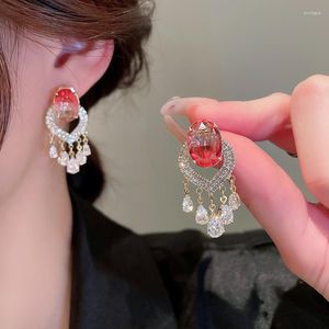 Dangle Oorbellen Koreaanse Roze Ovale Zirconia Strass Hart Kwastje Voor Vrouwen Mode-sieraden Kristal Pendientes