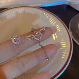Boucles d'oreilles pendantes coréennes en Zircon rose, pendentif ailes d'ange en forme de cœur pour femmes et filles, boucles d'oreilles asymétriques en cristal gothique, bijoux esthétiques Y2K