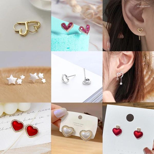 Boucles d'oreilles en peluche de coeur rouge coréen pour les femmes créatives creuses ECG Tassel Zircon Pearl Girl Party Bijoux Gift