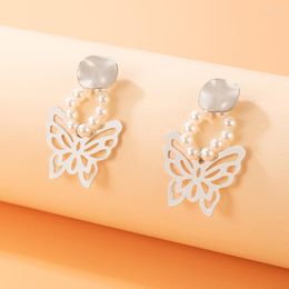 Boucles d'oreilles pendantes Style coréen nœud papillon évidé perle pierre pour accessoires géométriques simples pour femmes 22597
