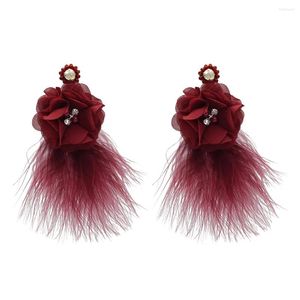 Boucles d'oreilles pendantes Style coréen rouge bleu noir plume pour femmes fil de mariée fleur goutte boucle d'oreille à la main été plage bijoux fête cadeau