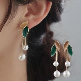 Boucles d'oreilles pendantes tendance coréenne, frais, joli, Double feuille, fausse perle, pour femmes, breloque, pompon, bijoux élégants, cadeaux